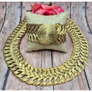 Vintage Rare Gold Tone Woven Wrap Jewelry Set Lay Flat Collar Necklace Bracelet